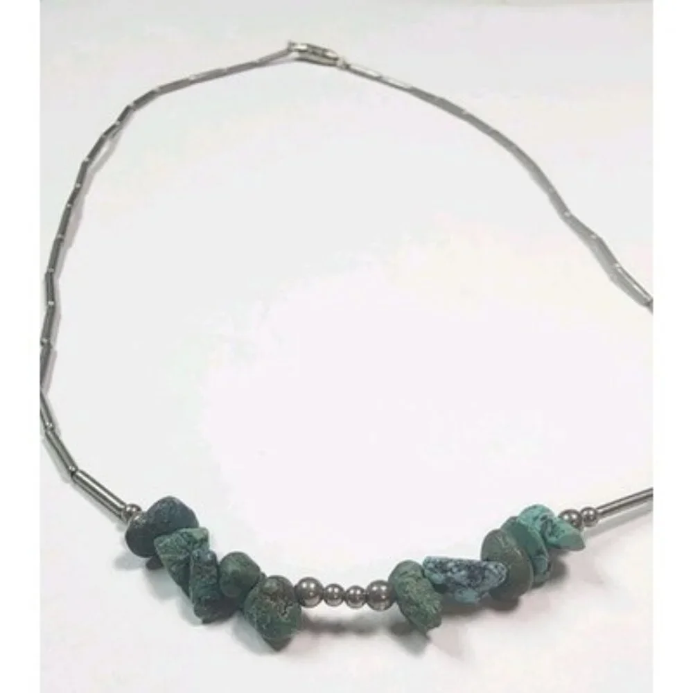 Vintage Native American Indian Liquid silver w/10 turquoise stones‎ necklace 17